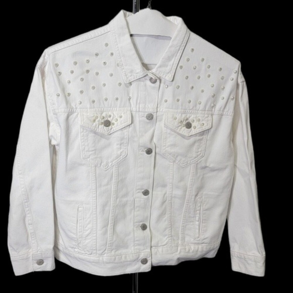 Koaj white embelished denim jacket Size M Cotton blend pearl Rhinestone *